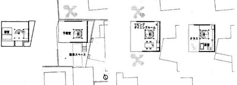 小さな家　平面（左から地階、1階、2階、3階）