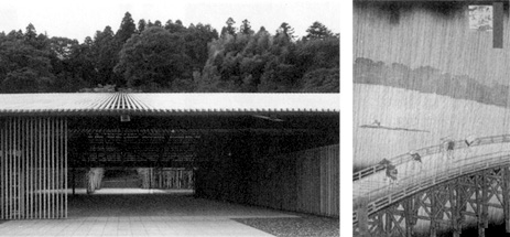 左：「馬頭町広重美術館」南側外観／右：歌川広重による「名所江戸百景大はしあたけの夕立」